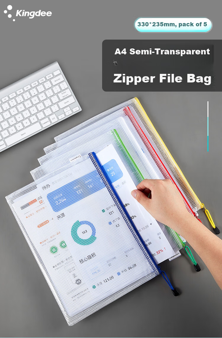 Kingdee A4 Grid Zipper Pouches, Elementary School Transparent Subject Classification Pouches, Subject Classification Exam Paper Stationery Bags, Pack of 10 with Labels 1