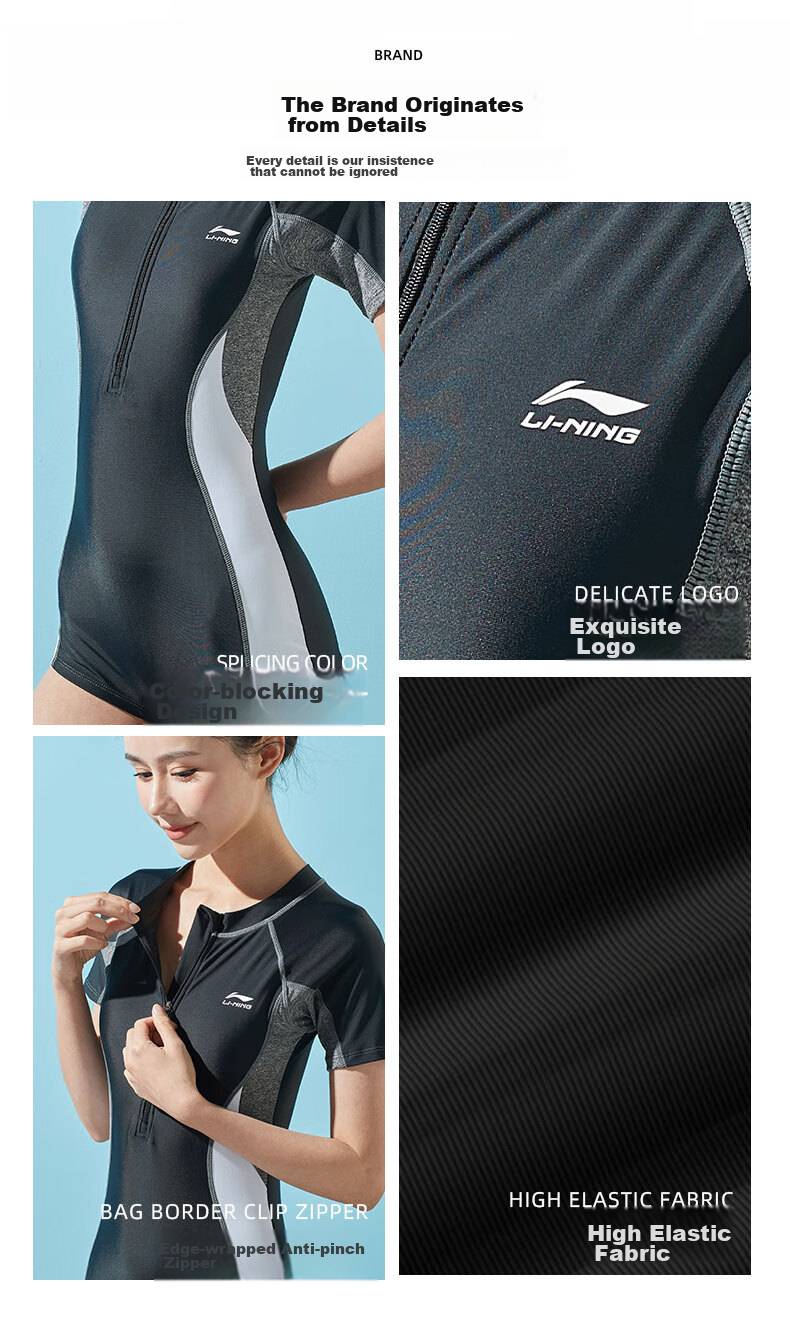 LI-NING Women's One-Piece Sports Square-Leg Swimsuit Conservative Slim Fit Comfortable High Elastic Training Swimwear 170 Black White XXL 9
