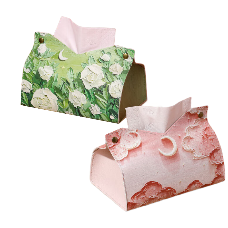 Fanyejia Luxury Oil Painting Tissue Box with Leather Cover, Creative High-Quality Napkin Holder for Living Room, Storage Box for Car Use
