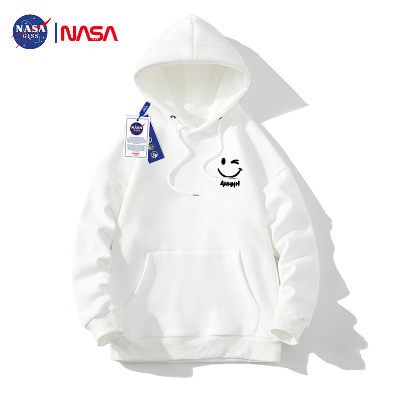 NASA GISS Official Collaboration Hoodie for Men, Autumn Loose-Fit Sweatshirt, Pullover Top, White, M