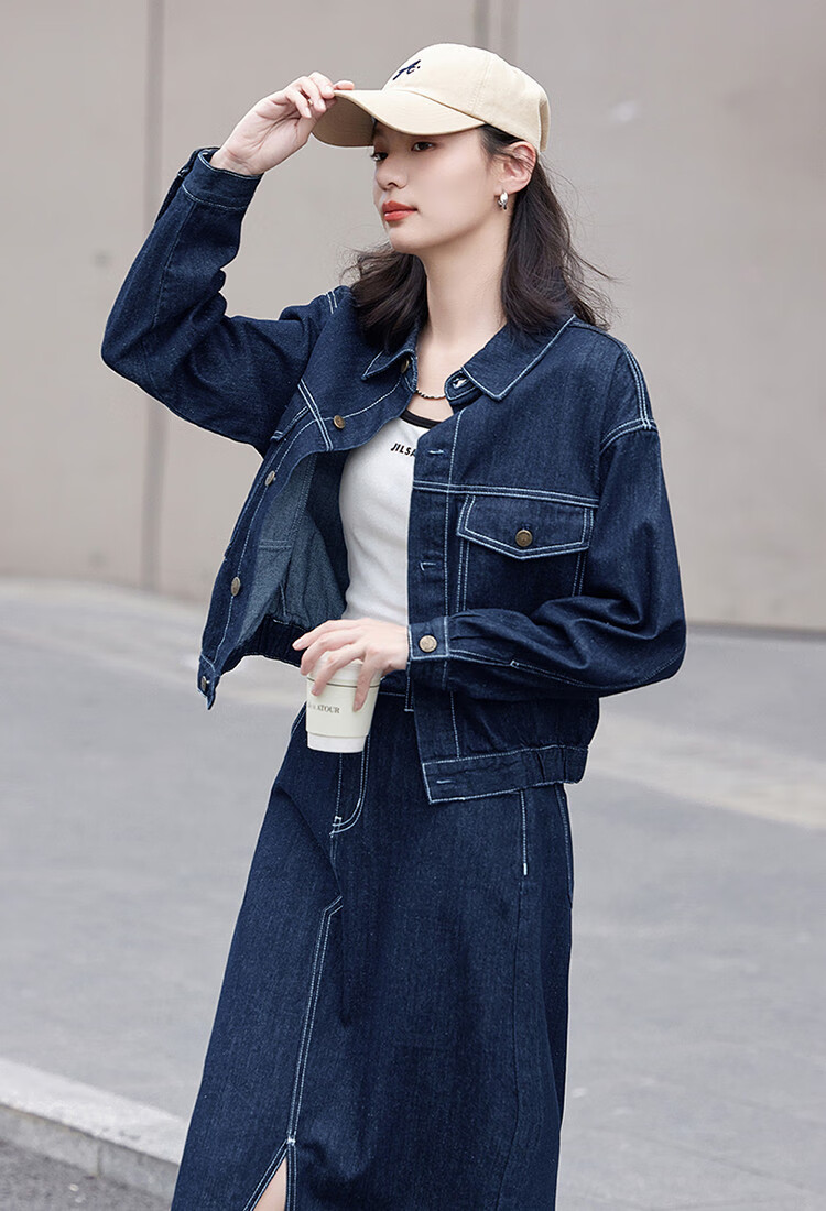 Dme Elastic Waist Denim Jacket with Small Lapel, Simple And Versatile Women's Short Denim Coat, Denim Blue, XL 5
