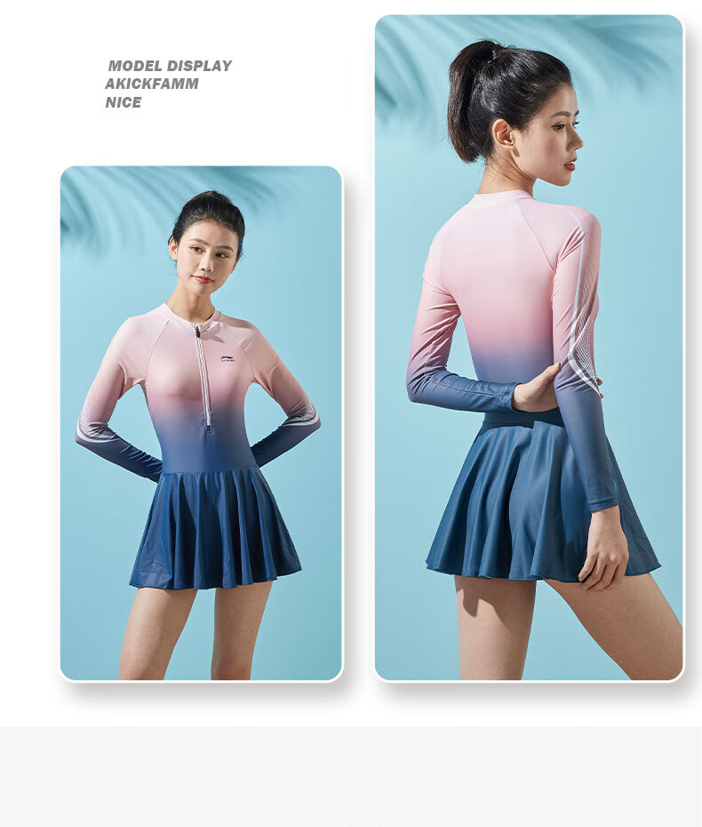 Li-Ning One-Piece Long-Sleeve Dress Swimsuit for Women, Comfortable High-Elasticity Breathable Contrasting Color Hot Spring Resort Swimwear 075 Blue-Red XL 12