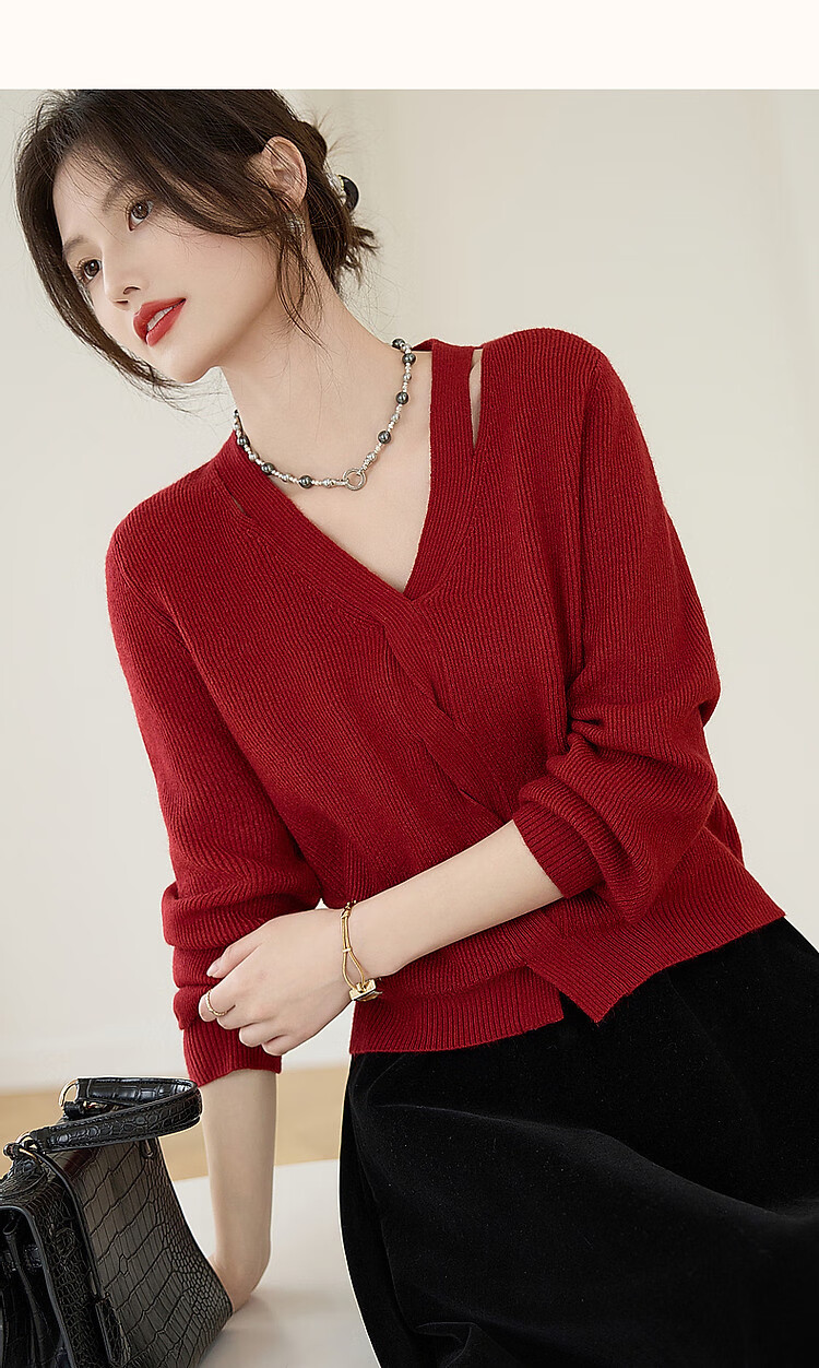 Dme Elegant Petite Woman Spring Autumn Sexy Hollow Out Cable Knit V-Neck Slim Yarn Sweater Top for Women 9