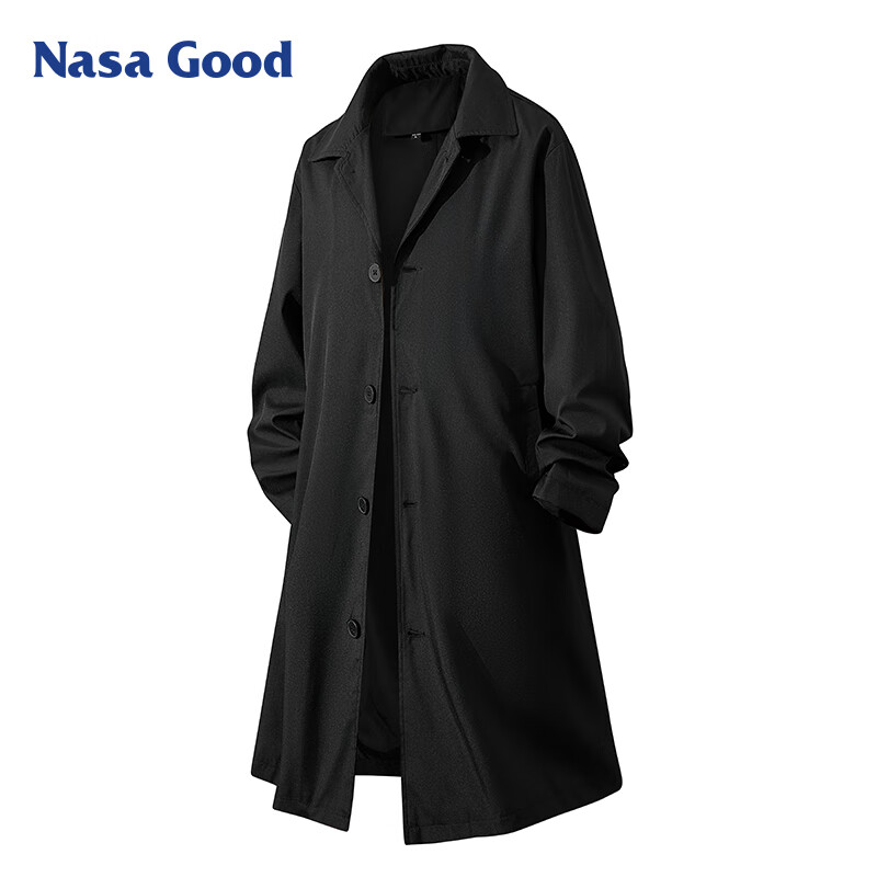 NASA GOOD Mid-Length Jacket for Men, Autumn Korean Style Fashion Solid Color Loose Casual Couple's Outerwear, Black XL