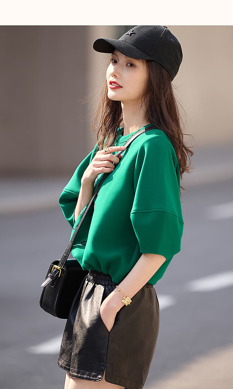 Dme Floral Embroidered Spring And Autumn Round Neck Air Layer Three-Quarter Sleeve Elastic Loose Sweatshirt Women's Top, Cyan Green, L 18