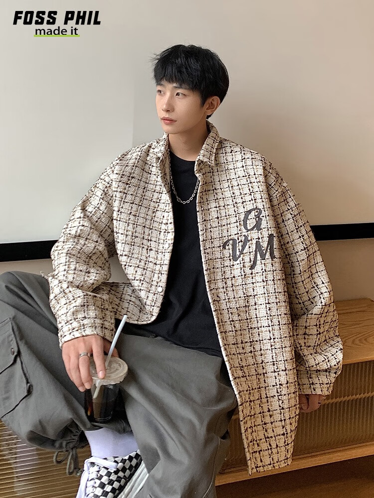 Foss Phil Men's Jacket, Spring And Autumn Fashion Brand Chanel-Style Coat, Plaid Lapel, Korean Version Loose Outerwear, FPJK10 Black M 21