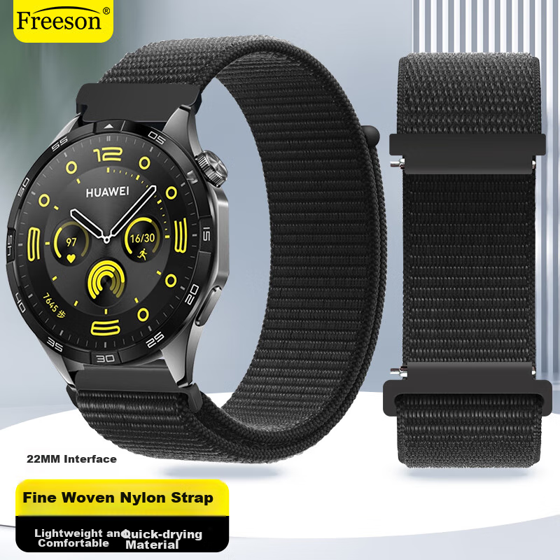 Freeson Compatible with Huawei WATCH4/3/GT4/3/2/Pro/Honor Magic2/GS3 (46mm) Smartwatch, Loop Nylon Strap Breathable Wristband 22mm Black