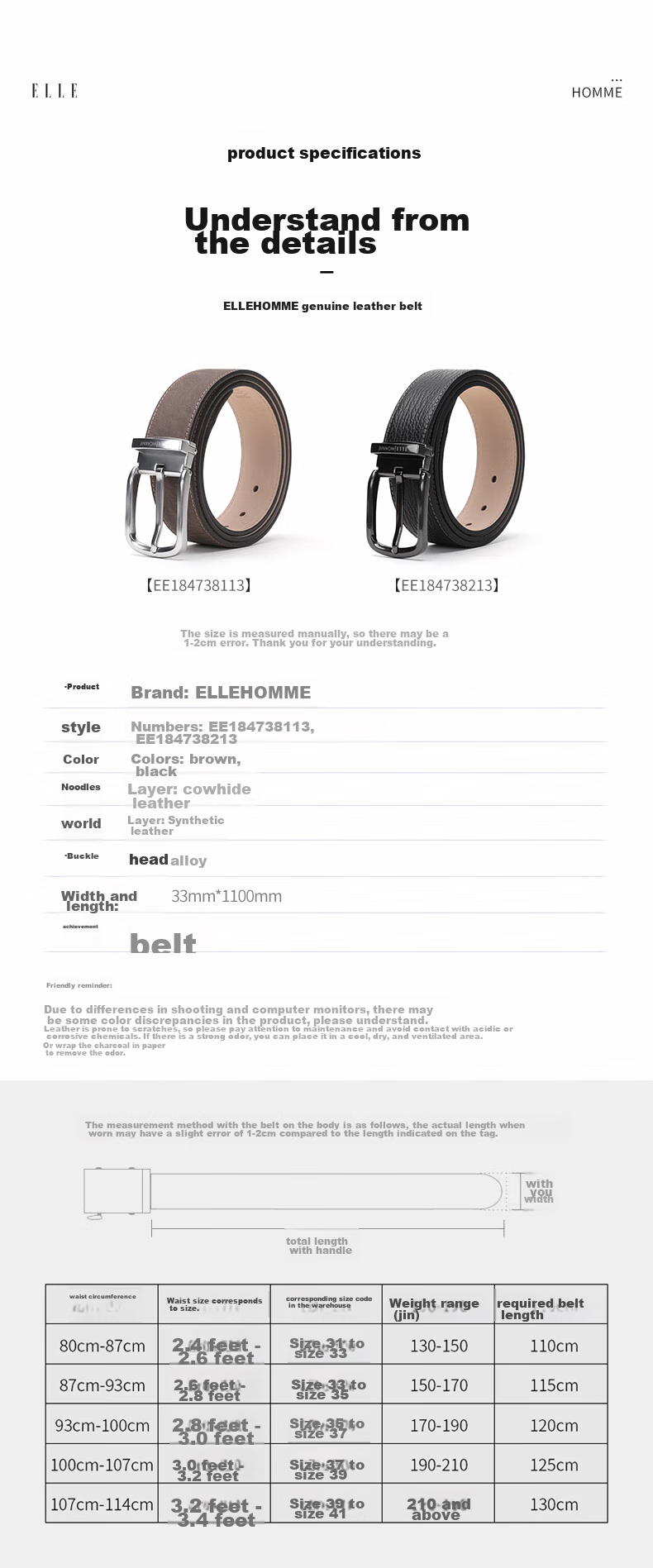 ELLE HOMME Men's Leather Belt, Fashionable Pin Buckle Waistband, Top-Grain Cowhide Casual Trouser Belt for Men, Birthday Gift for Me 10