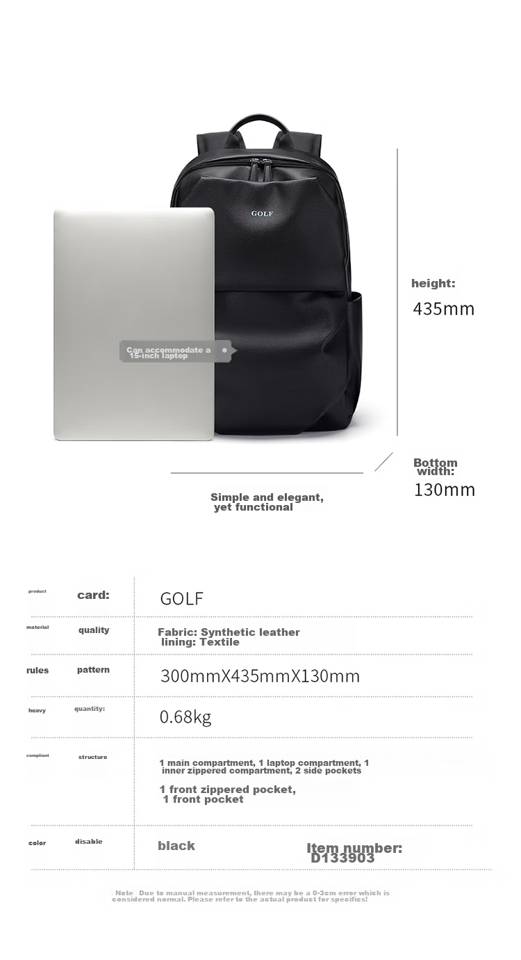 GOLF Backpack for Men, Large Capacity, Korean Style Student Schoolbag, 15-Inch Laptop Bag, Travel Bag, Black 16