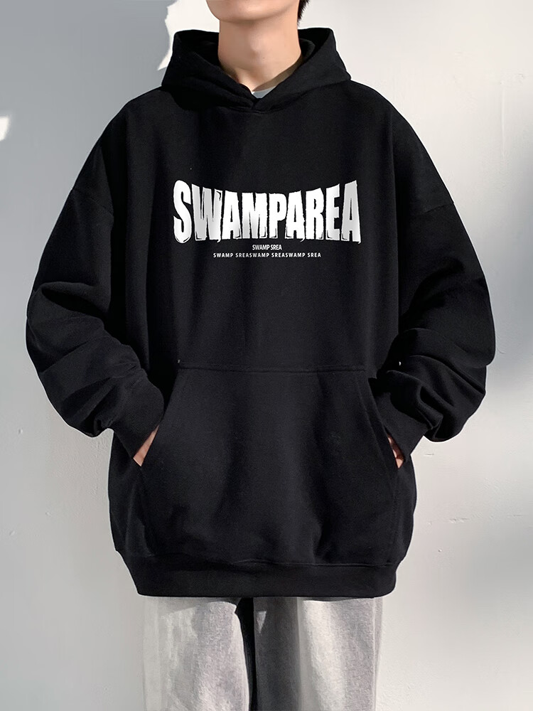 SWAMP AREA American-Style Hooded Men's Sweatshirt, Spring And Summer Loose-Fitting Heavy Casual College-Style Pullover Top, SAR02 Black L 3