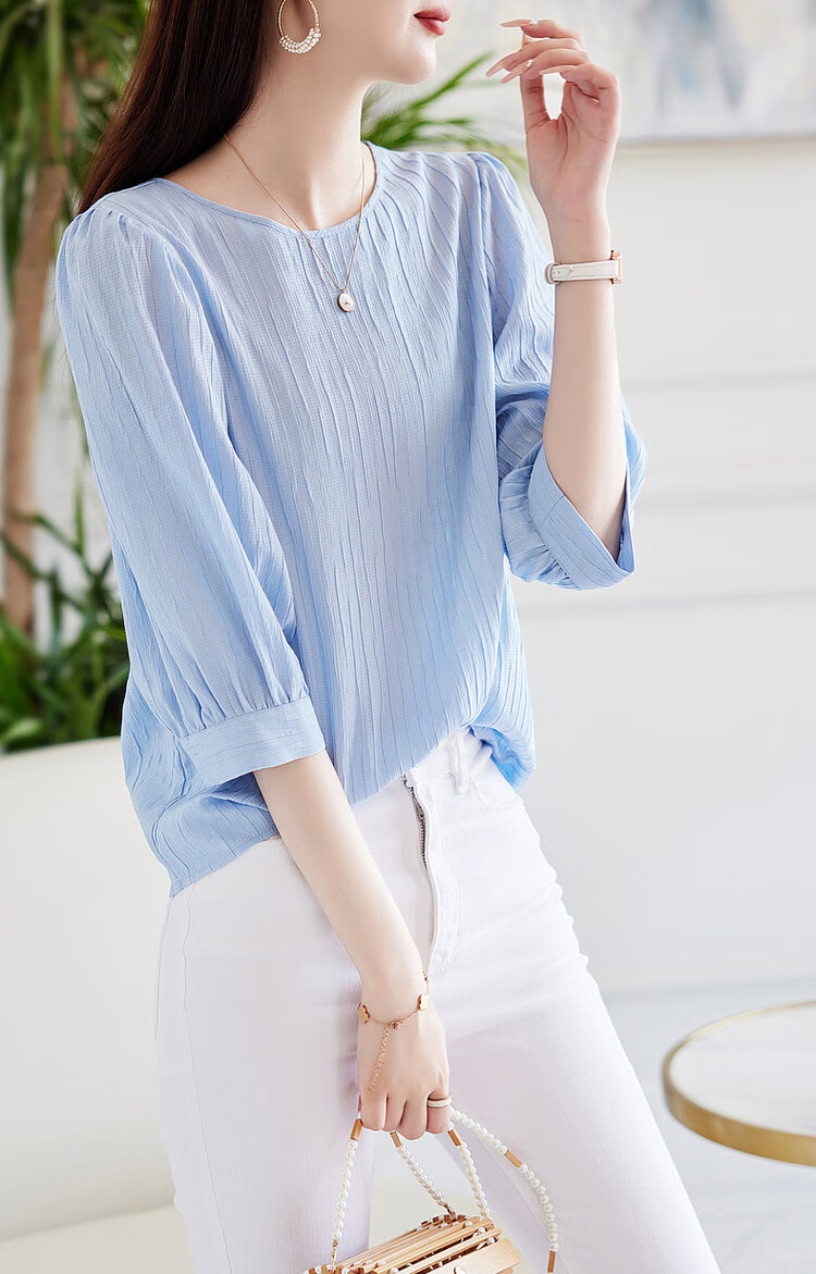 Dme [French Textured Shirt] Summer Commuter Round Neck Lantern Sleeve Blouse Women's Top, Off-White, L 14