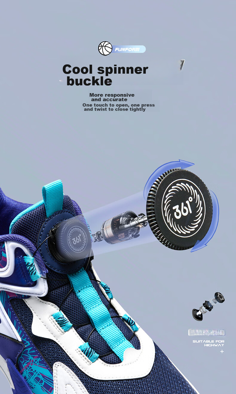 361° Children's Sports Shoes, All-Season Youth Basketball Shoes with Durable Rotating Buckle, Blue, Size 40 7