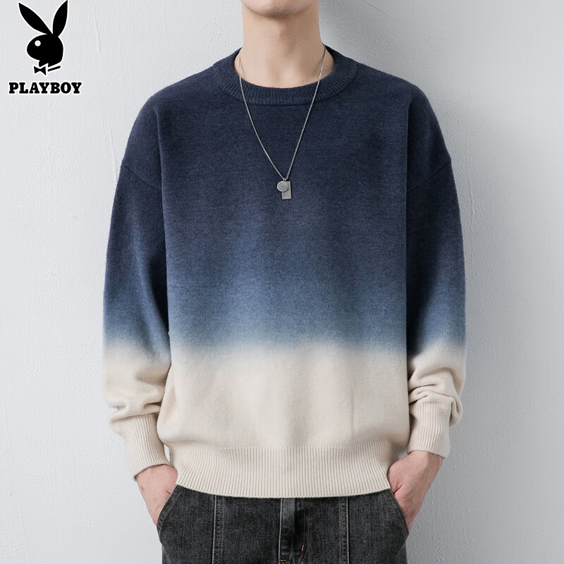 PLAYBOY Men's Crew Neck Sweater Autumn Winter Knitwear Jacket Blue and White 3XL