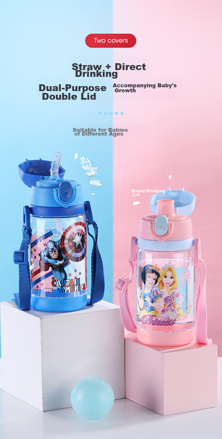 Disney Kids Water Bottle with Straw Large Capacity High Temperature Resistant Plastic Water Bottle Double Lid Drinking Cup for Boys and Girls Elementary Students 4