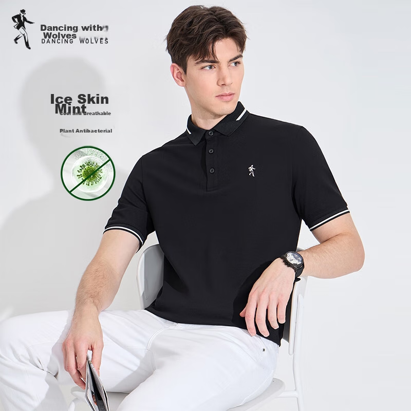DANCING WOLVES [Cool Ice Mint] Summer Casual Cool Skin-Feel Men's Short-Sleeve POLO Shirt, 001 Black, Size 190