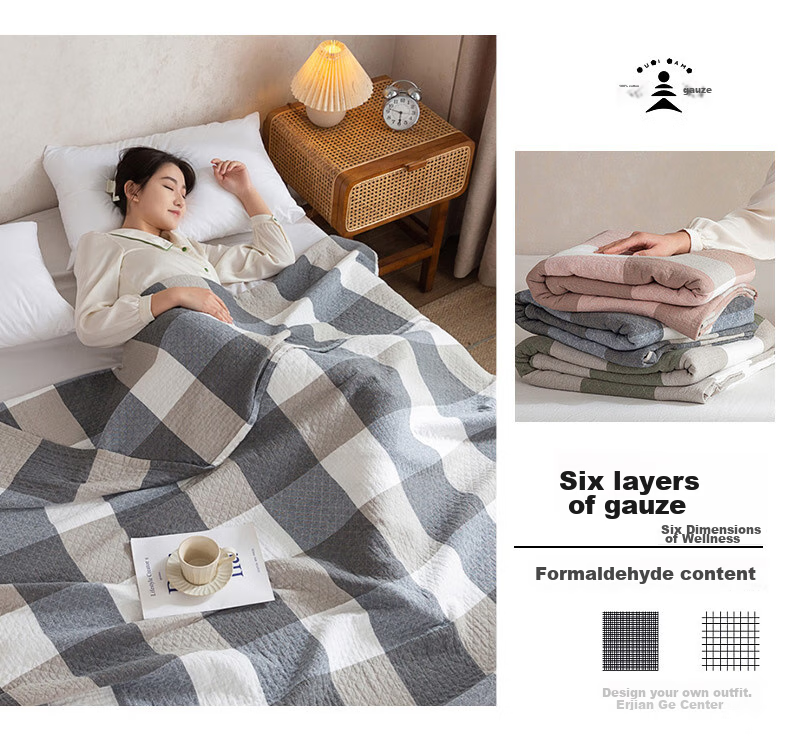 Grace Pure Cotton Class A Antibacterial Towel Blanket Nap Quilt Summer Cool Quilt Air Conditioning Quilt Gauze Blanket, 150*200cm Blue Plaid 8