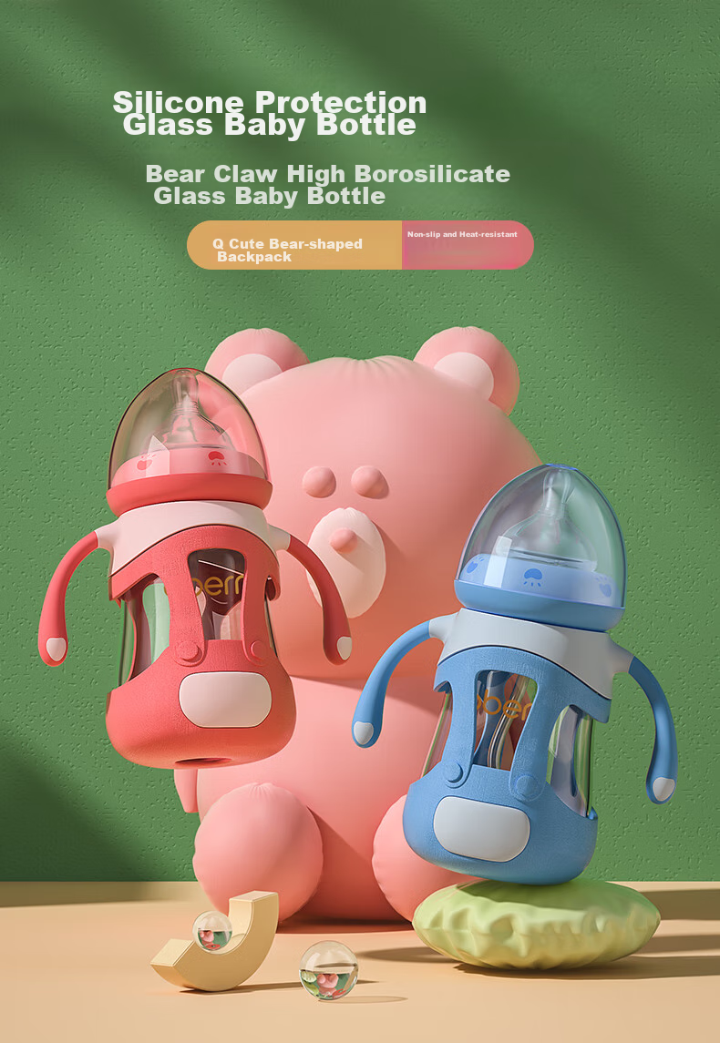 Oubeini Straw Bottle, Wide-Mouth Glass Bottle, Baby Bottle with Handle for 6 Months to 1-3 Years Old 1