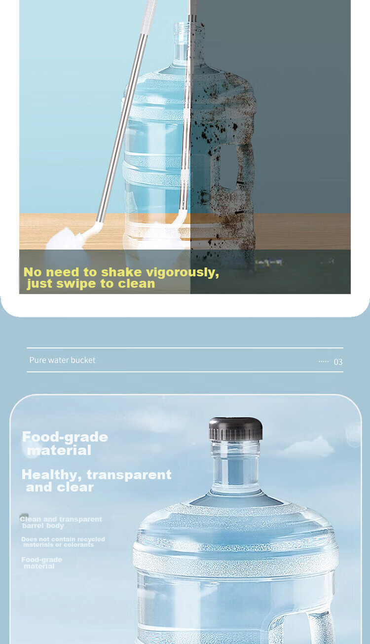 BJ Pure Water Bucket, Food-Grade PC Mineral Water Bucket Drinking Water Bucket, Bottled Water Dispenser Portable Transparent Water Bucket, Large Capacity 11.3L + Water Bucket Brush 3
