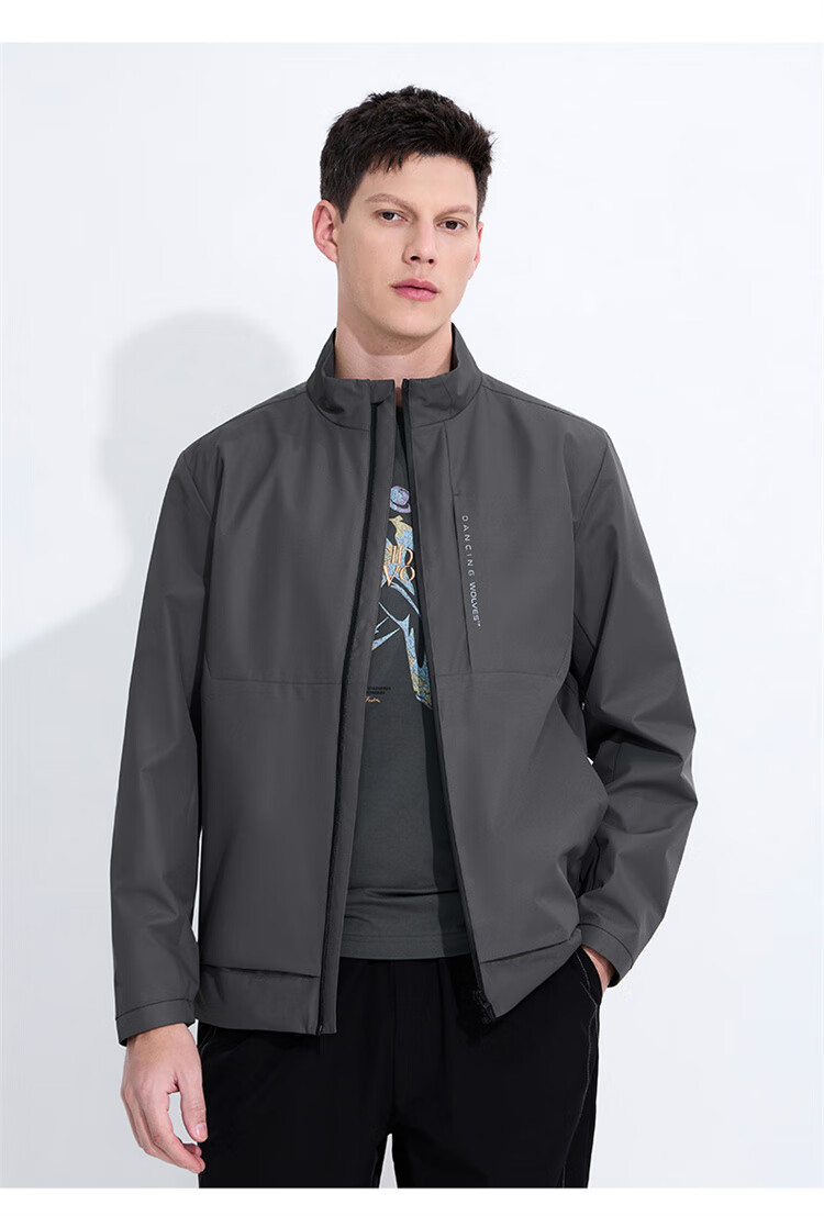 DANCING WOLVES [Versatile for Commuting] Fashionable Simple Jacket with Letter Print, Men's Outerwear, 015 Dark Gray, Size 175 9