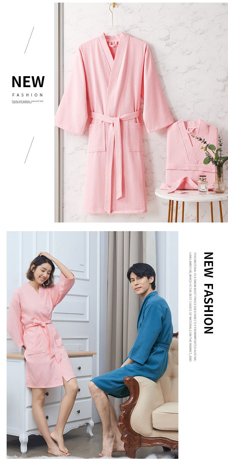 Xinya Pure Cotton Waffle Adult Bathrobe, Unisex Couple Spring Summer Thin Sleepwear Loungewear, Pink, Size L 11
