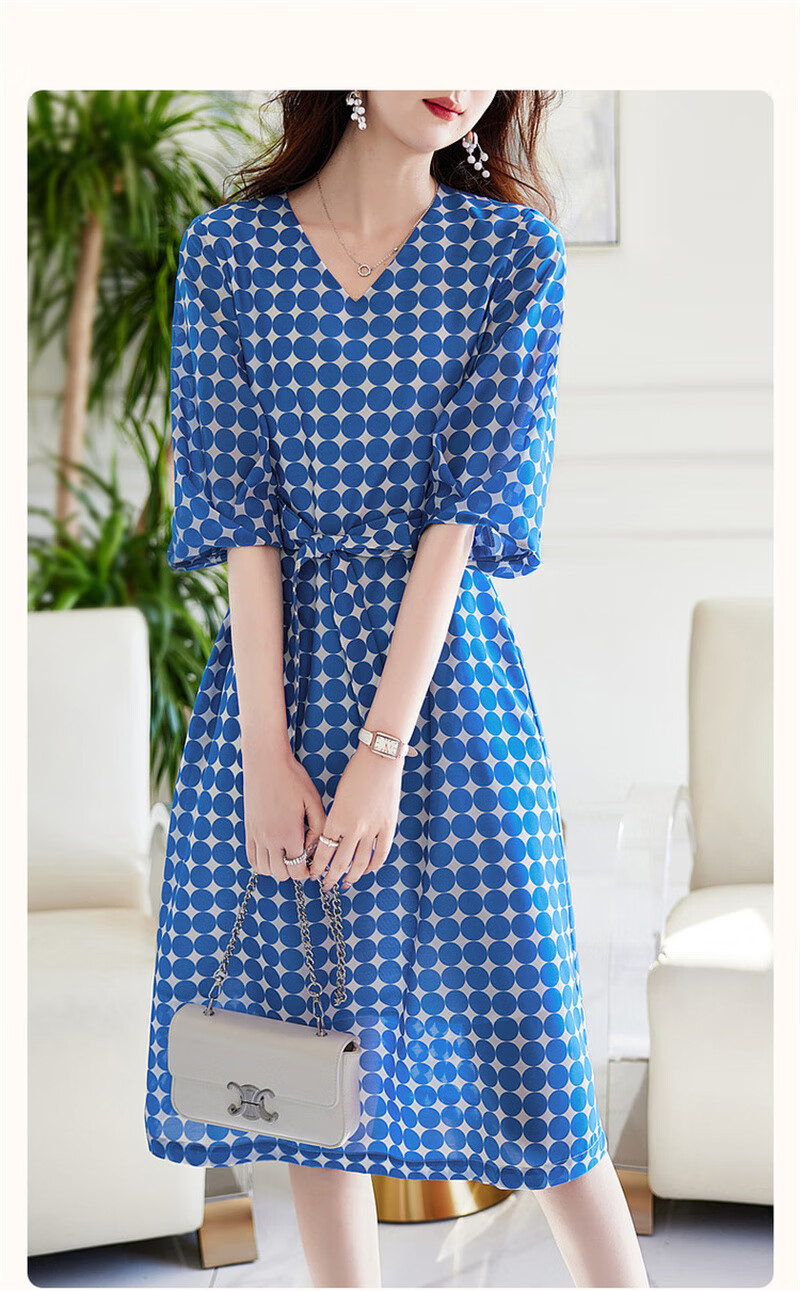 Dme Commuting Polka Dot Vintage Dress Summer V-Neck Lantern Sleeve Chiffon Mid-Length Dress for Women 3