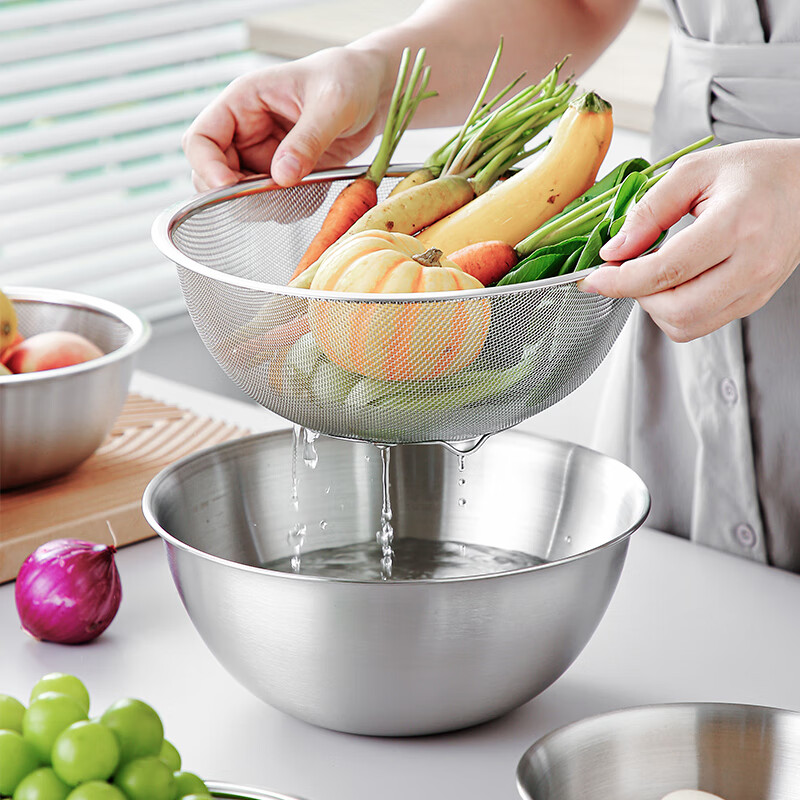 Onlycook Kitchen Sink Set, 304 Stainless Steel Colander, Rice Washing Basket, Draining Basket, Strainer Basket, Dough Kneading Bowl - 24cm