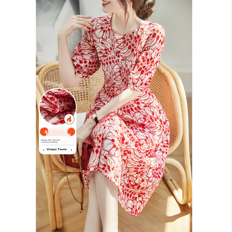 Dme [Monet Garden] Summer Elegant Breathable Pure Cotton Embroidered Waist-Cinching A-Line Flared Dress for Women, Mid-Length