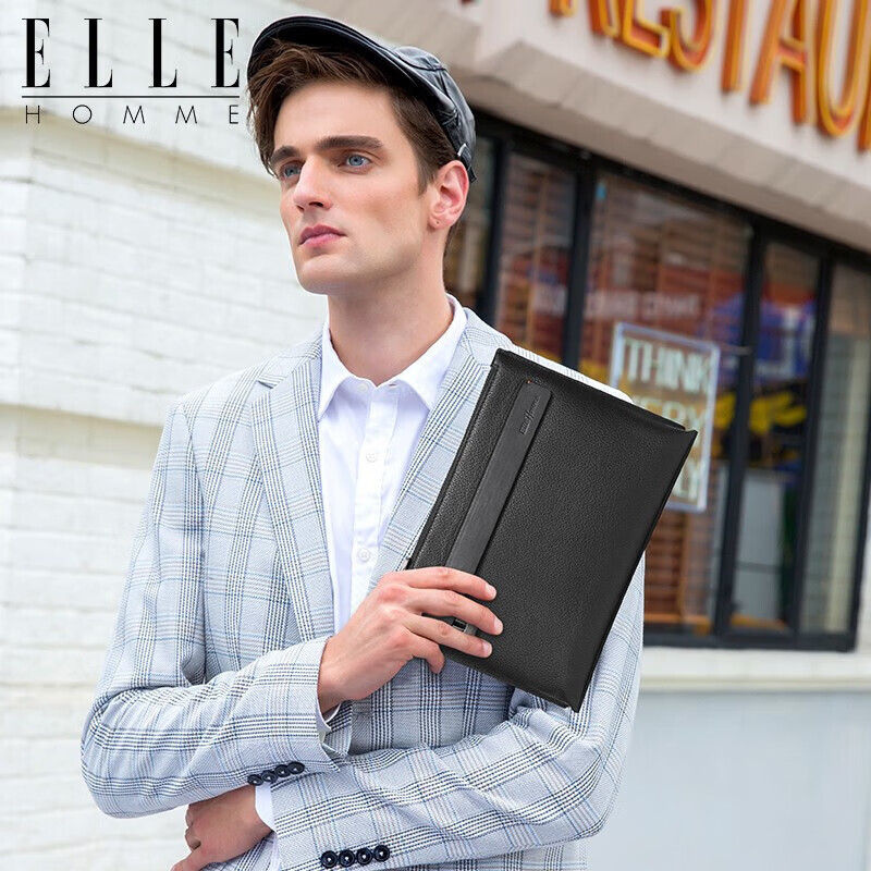 ELLE HOMME Business Men's Clutch, Soft Top-Grain Leather Envelope Bag, Large Capacity Multi-Compartment Handbag EB084800101 Black, Birthday Gift for Boyfriend
