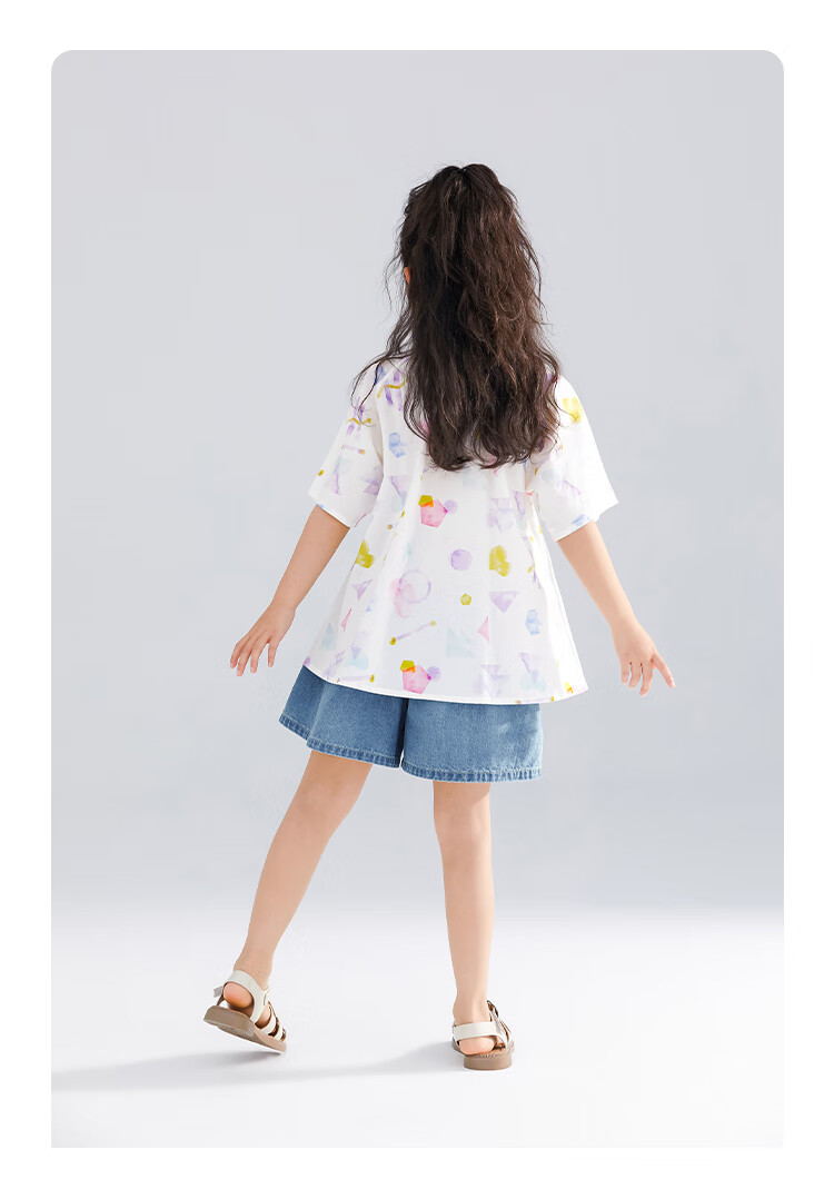 QQ DUCK Girls' Shirt Summer Children's Cute Lapel Short-Sleeve Youth Clothing Graffiti White; 140 11