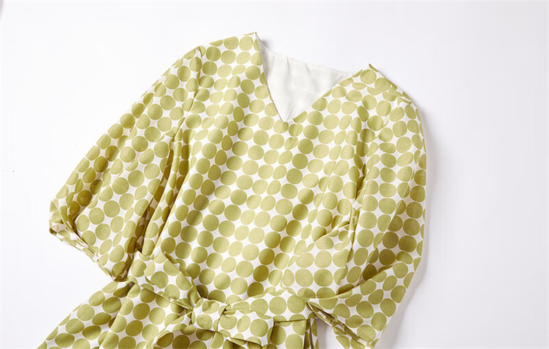 Dme Commuting Polka Dot Vintage Dress Summer V-Neck Lantern Sleeve Chiffon Mid-Length Dress for Women 13