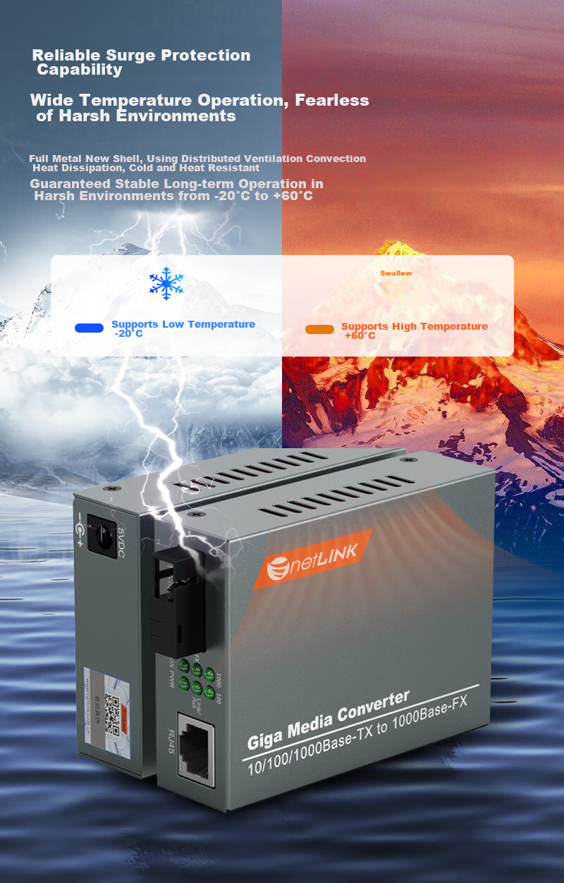 NetLINK HTB-GS Gigabit Single-Mode Fiber Optic Transceiver, Optical-Electrical Converter, 3 Kilometers, SC Interface, External Power Supply DC5V, One Pair 3