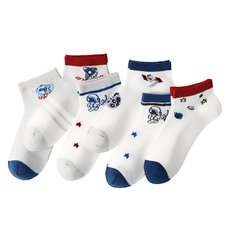 LangSha Children's Socks for Boys, Thin Mesh Cotton Boat Socks for Spring And Summer, Breathable Youth Socks for Older Children, Space Ship Design (6 Pairs), Foot Length 18-20cm, for Ages 5-7, Size 26-31