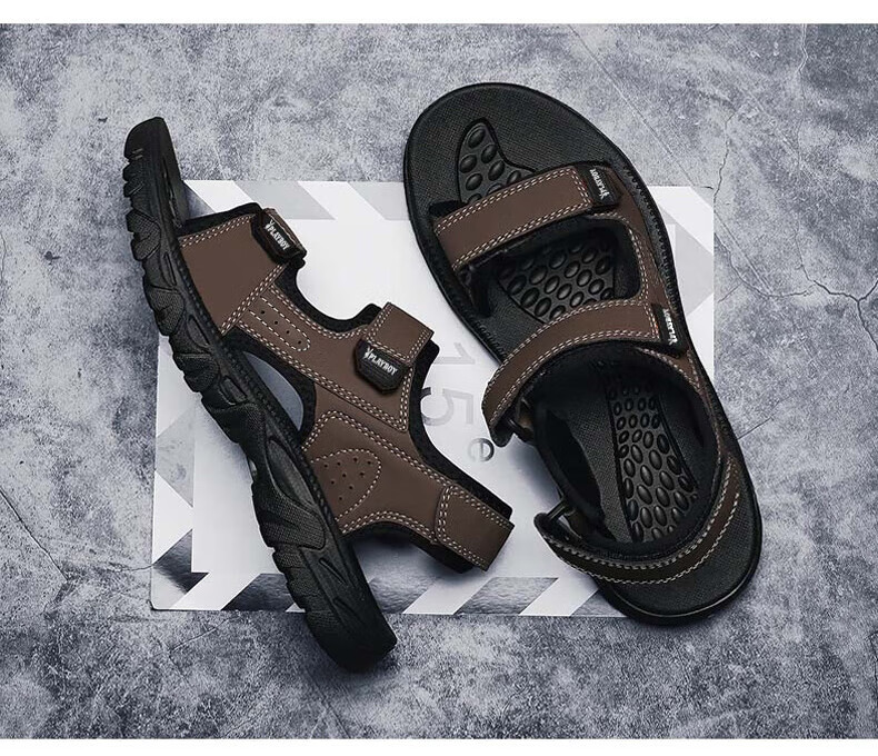 PLAYBOY Men's Sandals, Summer 2025 Breathable Beach Shoes, Korean-Style Perforated Shoes with Velcro Slippers, Black, Size 40 15