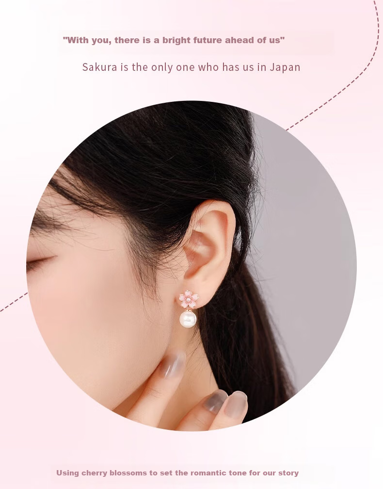 Zhoubaifu Cherry Blossom Pearl Earrings for Women, Elegant Silver Studs, Birthday Gift for Girlfriend Or Wife 12