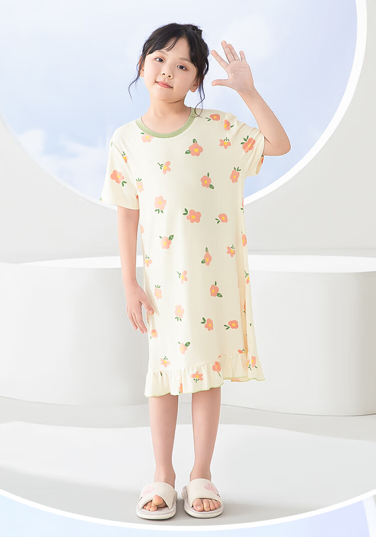 Hodohome Children's Summer Nightgown, Girls' 50S Modal Sleep Dress, Loose-Fitting Cool-Feeling Dress, Can Be Worn Outside, Size 350 140 11