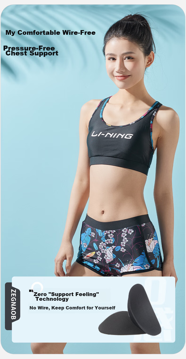 Li-Ning Women's Three-Piece Swimsuit Set, Beach Vacation Sun Protection Cover-Up, Tummy Control Slimming Swimwear for Hot Springs, 727 Black And Blue, Size M 9