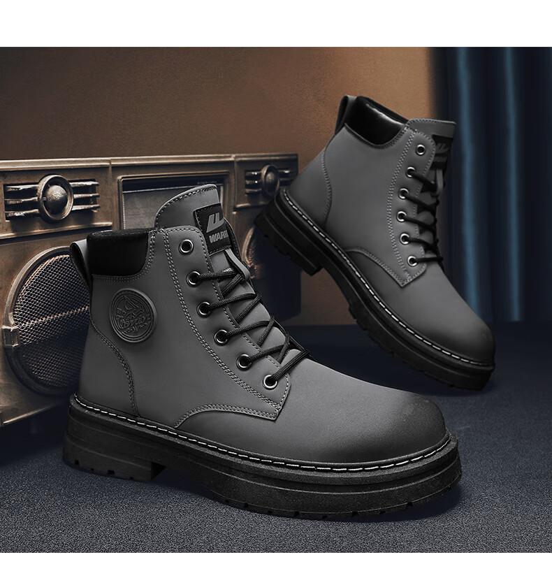 Huili Men's Shoes, 2025 Autumn And Winter New Style Men's Martin Boots, Workwear-Inspired Yellow Boots, High-Top Hiking Shoes, Black, Size 37 20