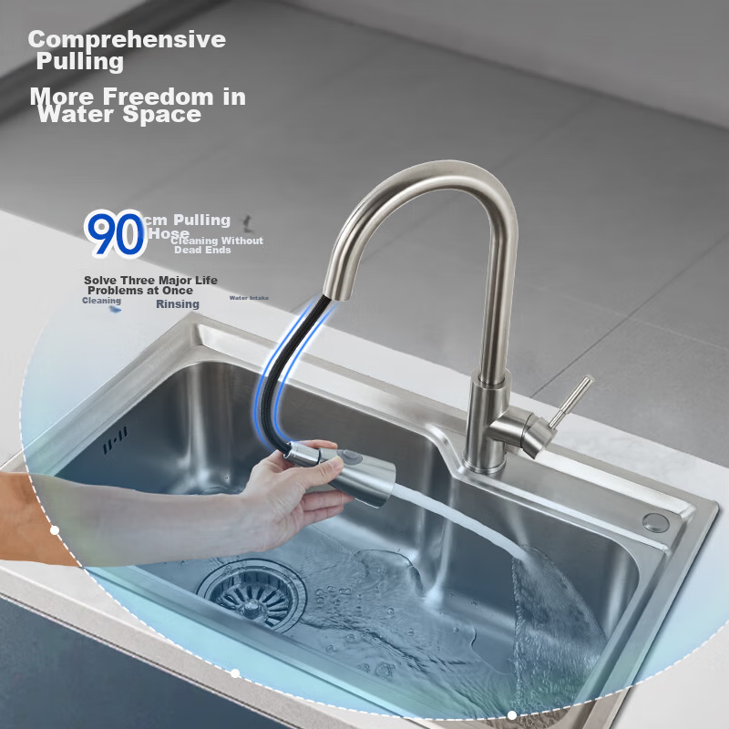 Submarine L3049 Pull-Out Faucet, Single-Hole Hot And Cold Sink Faucet with Two Water Flow Settings, Stainless Steel Brushed Sink Faucet