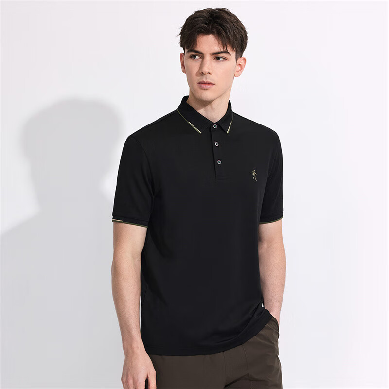 DANCING WOLVES [Slightly Stretchy And Easy-Care] Casual Commute Cool Smooth Breathable Men's Short-Sleeve POLO Shirt, 001 Black, Size 185