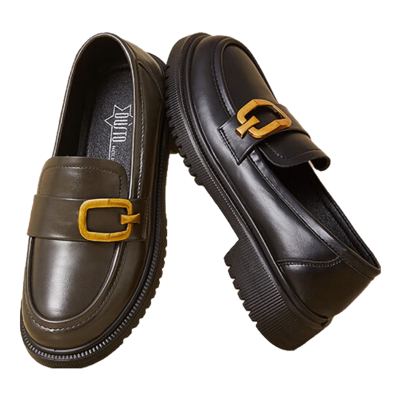 Dusto Black Thick-Soled Leather Shoes for Women, 2026 New Spring Slip-On Commuter Shoes, Soft-Soled British Loafers
