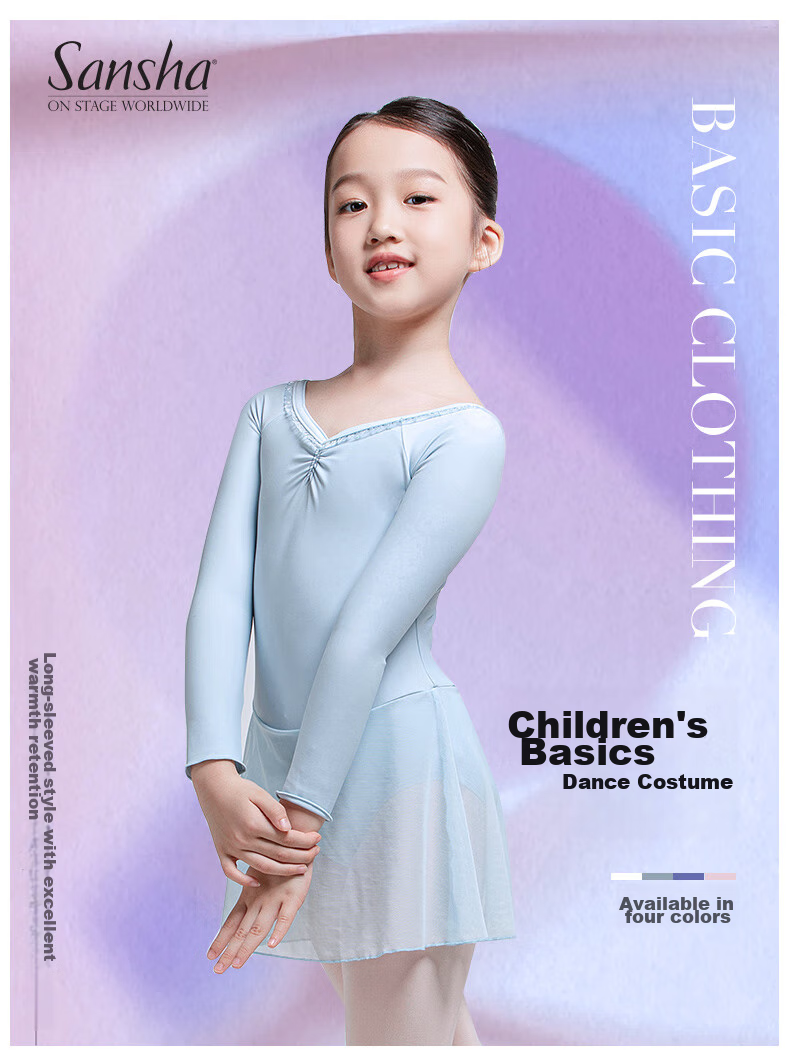 Sansha Ballet Practice Dress, Children's Dance Costume Long-Sleeve Dress Chiffon V-Neck Lace Bodysuit Dress, Light Blue, M 1