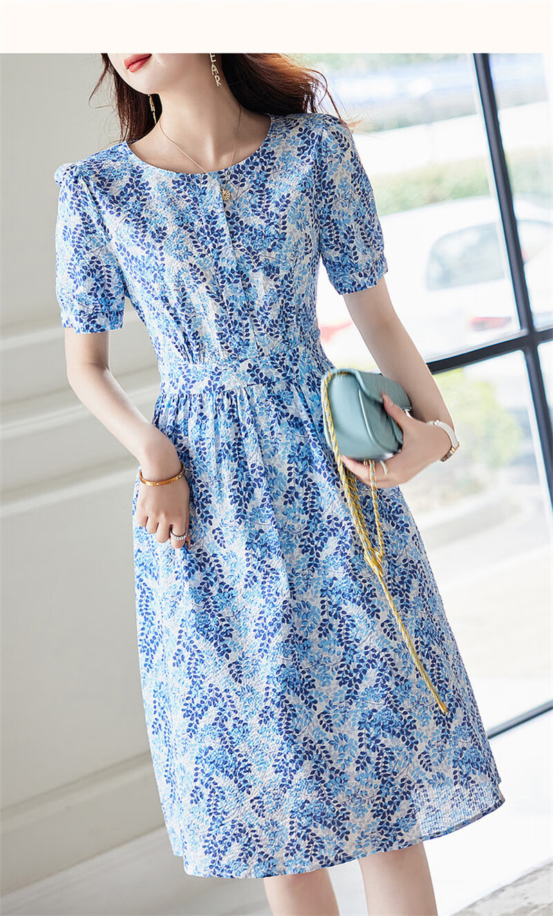 Dme [Monet Garden] Summer French Cloud Cotton Puff Sleeve High-Definition Printed Fitted Comfortable Easy-To A-Line Dress 11