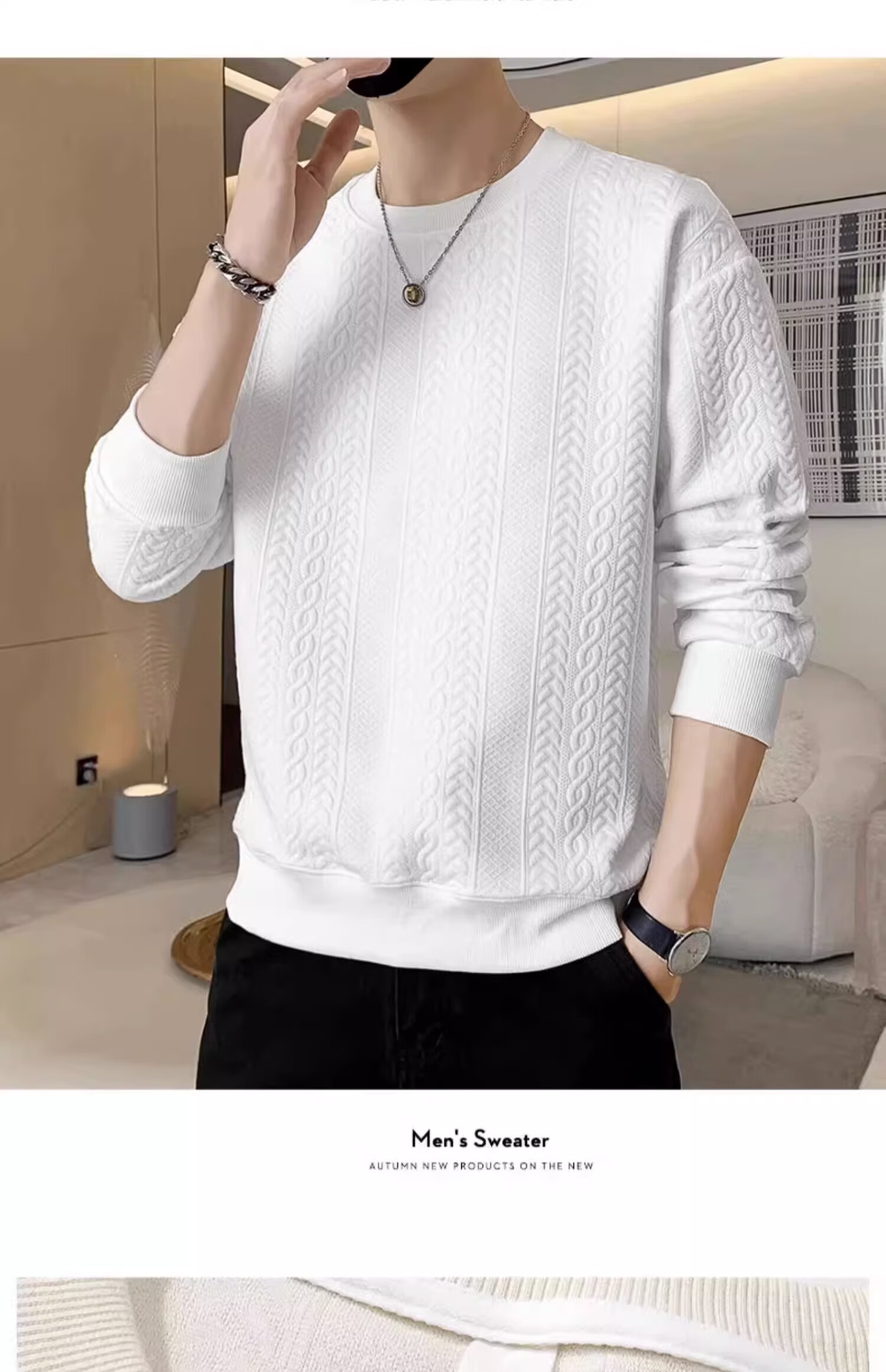 Dingfengbaoluo Men's Long-Sleeve T-Shirt, Spring Versatile Fashion Jacquard Sweatshirt, Loose Trendy Top, JE2221 White XL 17
