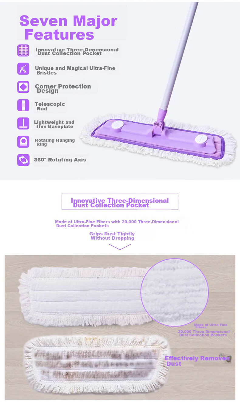 MIAOJIE Flat Mop, 44cm Handle Length, 129cm Total, 1 Cloth, Ultra-Fine Fiber, Household All-In Lazy Mop 3