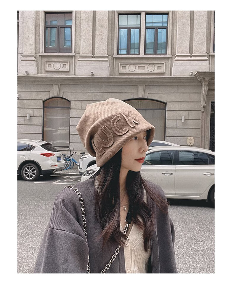 XUEXIMAN Women's Autumn Winter Japanese Style Thickened Warm Knitted Letter Beanie Fleece Lined Head Wrap Hat 5