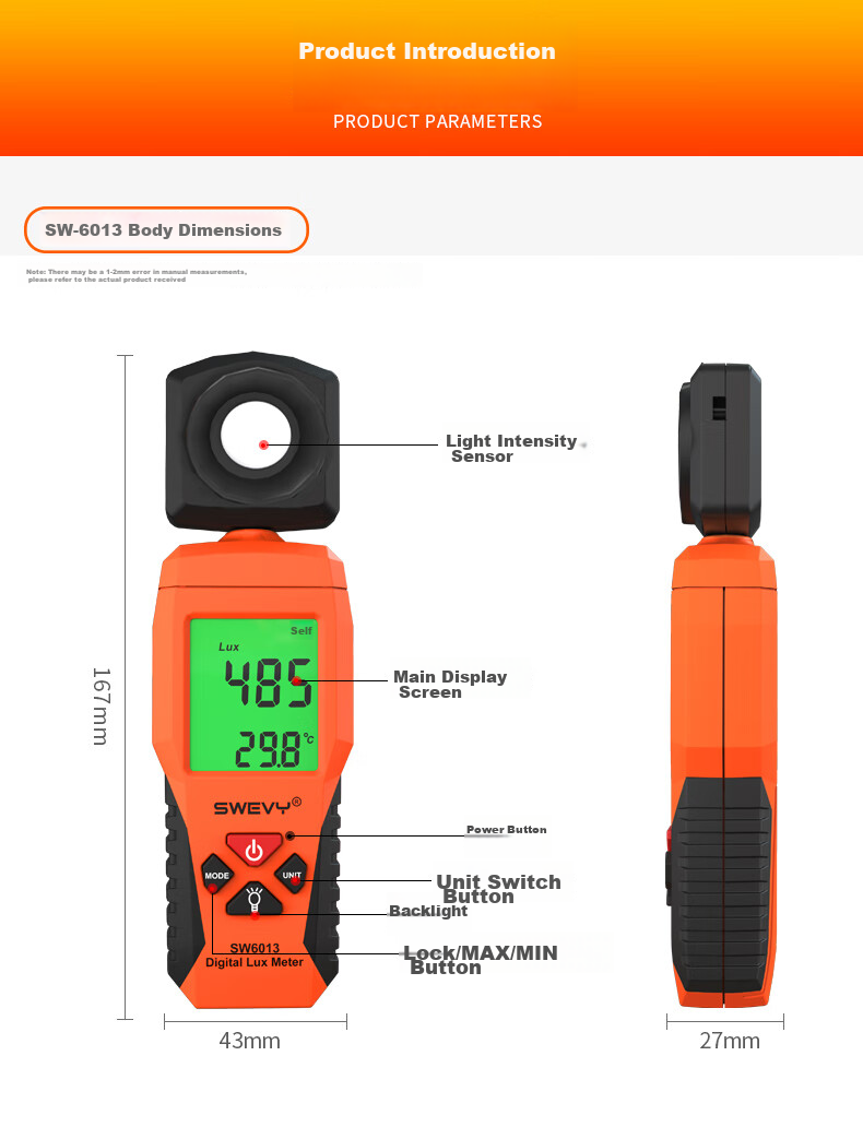 Suwei Illuminance Meter, Light Meter, Illuminometer, Brightness And Illuminance Tester, Light Meter SW6013 15