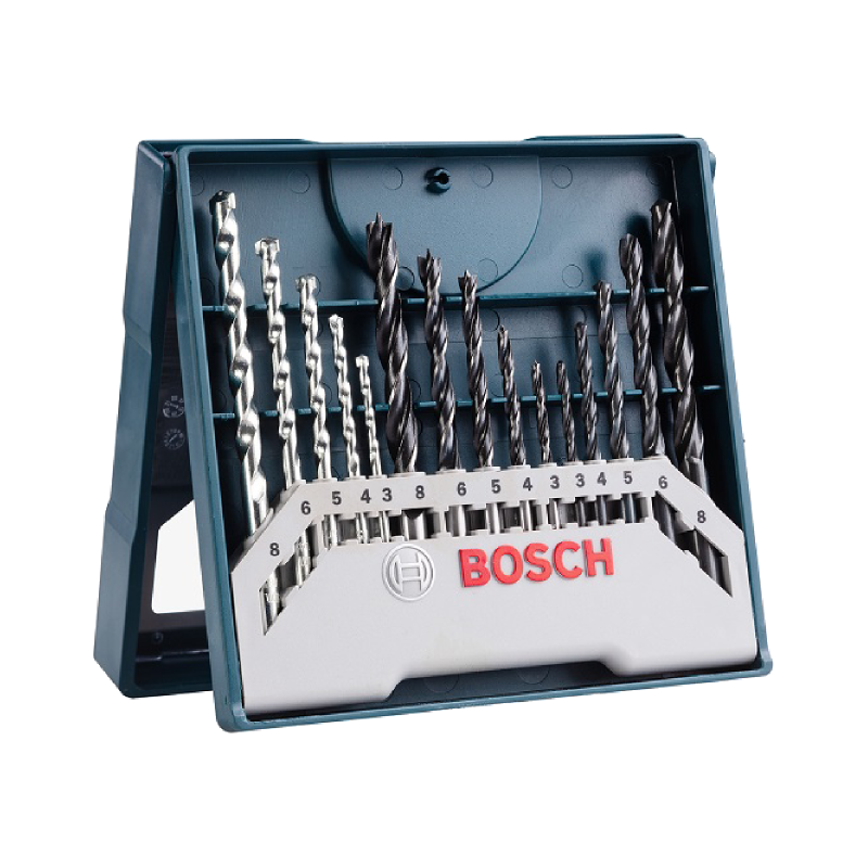BOSCH Round Shank Drill Bits for Metal, Masonry And Woodworking Mixed Drilling Set Self-Centering Drill Points 15 Pieces (Set of 15)
