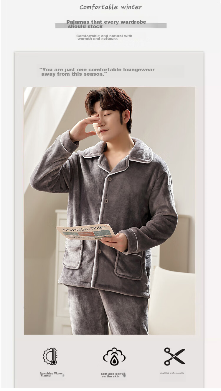 LangSha Men's Pajamas, Winter Flannel Lined Thickened Wearable Loungewear, Two-Piece Set, Warm Outfit 11