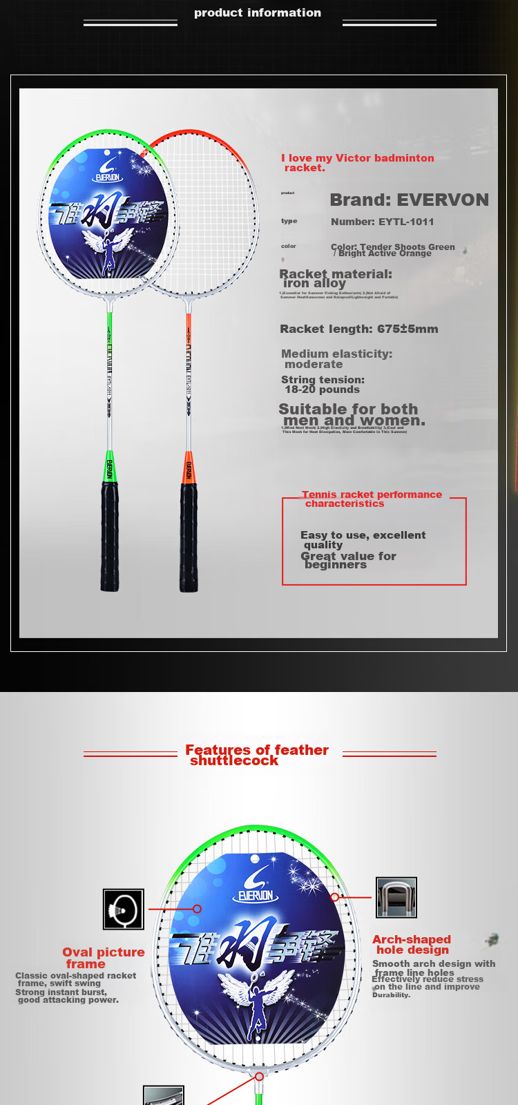 EVERVON Badminton Racket Set, Ultra-Light And Durable, for Adults And Students, Model 1011, Includes 101-3 Shuttlecocks 2