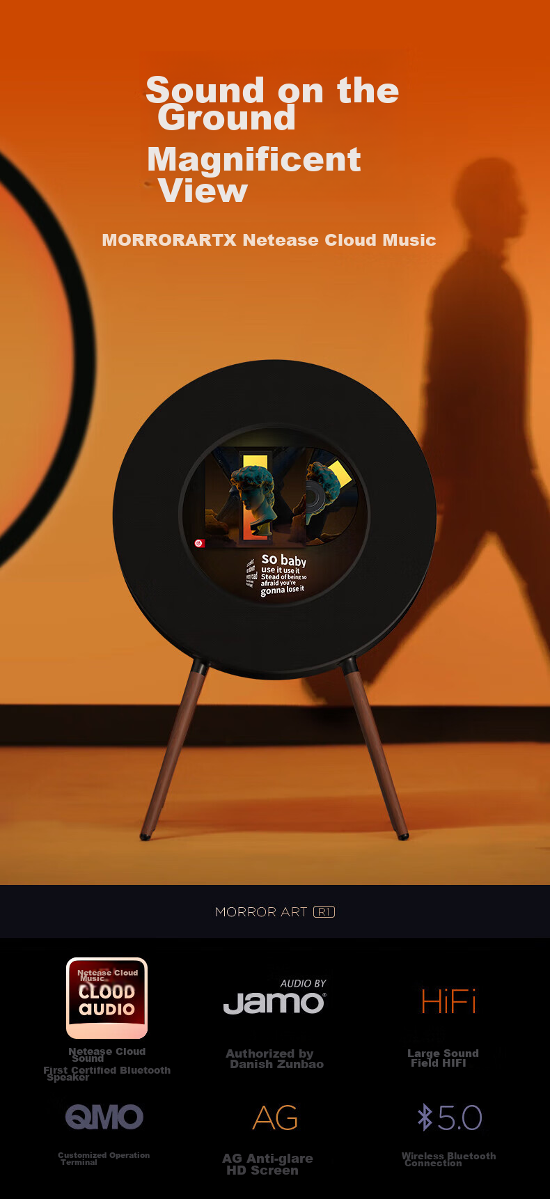 MORRORART R1 Wireless Bluetooth Vinyl Record Lyric Speaker Home Audio Black Vinyl Floating Subtitles Living Room Bedroom NetEase Cloud Music Collaboration Birthday Gift National Subsidy Deep Blue 1